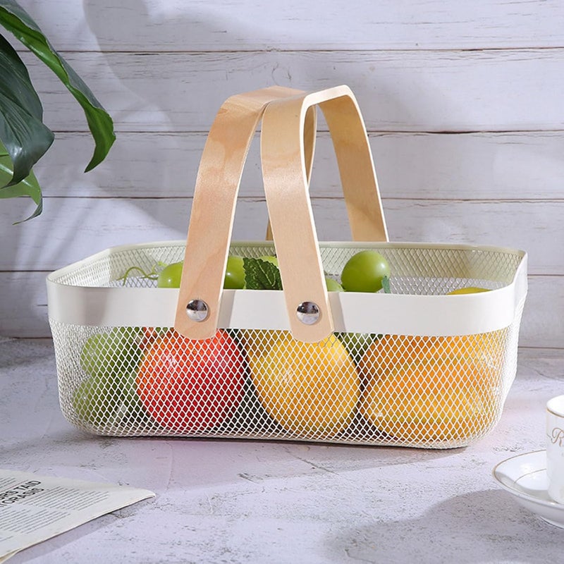 AJIODA Metal Mesh Steel Basket, Storage Organizer Basket Garden Harvest Basket Multi-functional Kitchen Fruit Baskets Bin with Wooden Handle for Bathroom Picnic Shopping Decor Cabinet Home, White - Image 3